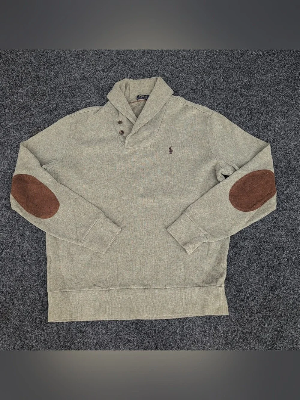 Polo Ralph Lauren Sweater Mens Large Green Shawl Collar Elbow Patches Pony Logo